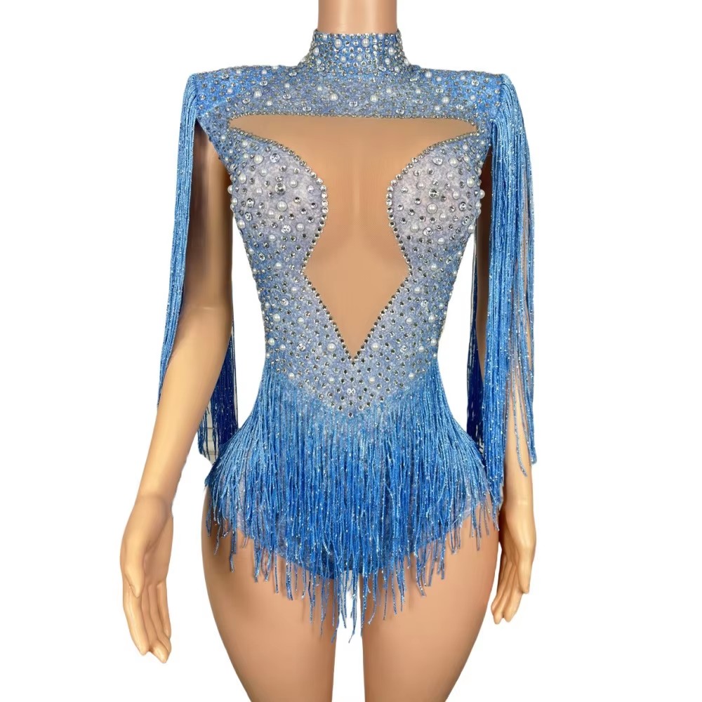 Rhinestone Banding Trim - Blauw strass steentjes tassel bodysuit sexy